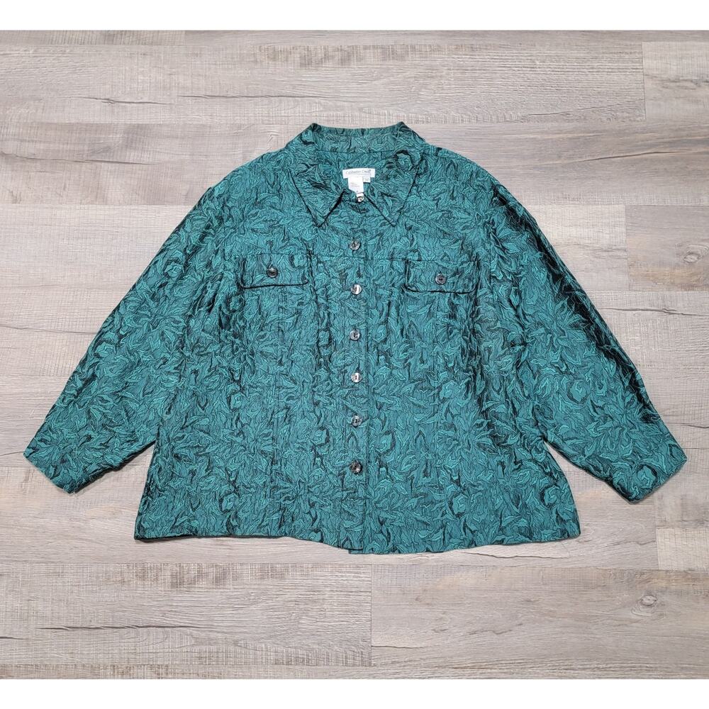 Coldwater Creek Plus Size 3X Jacquard Geometric Floral Art Jacket Emerald Green
